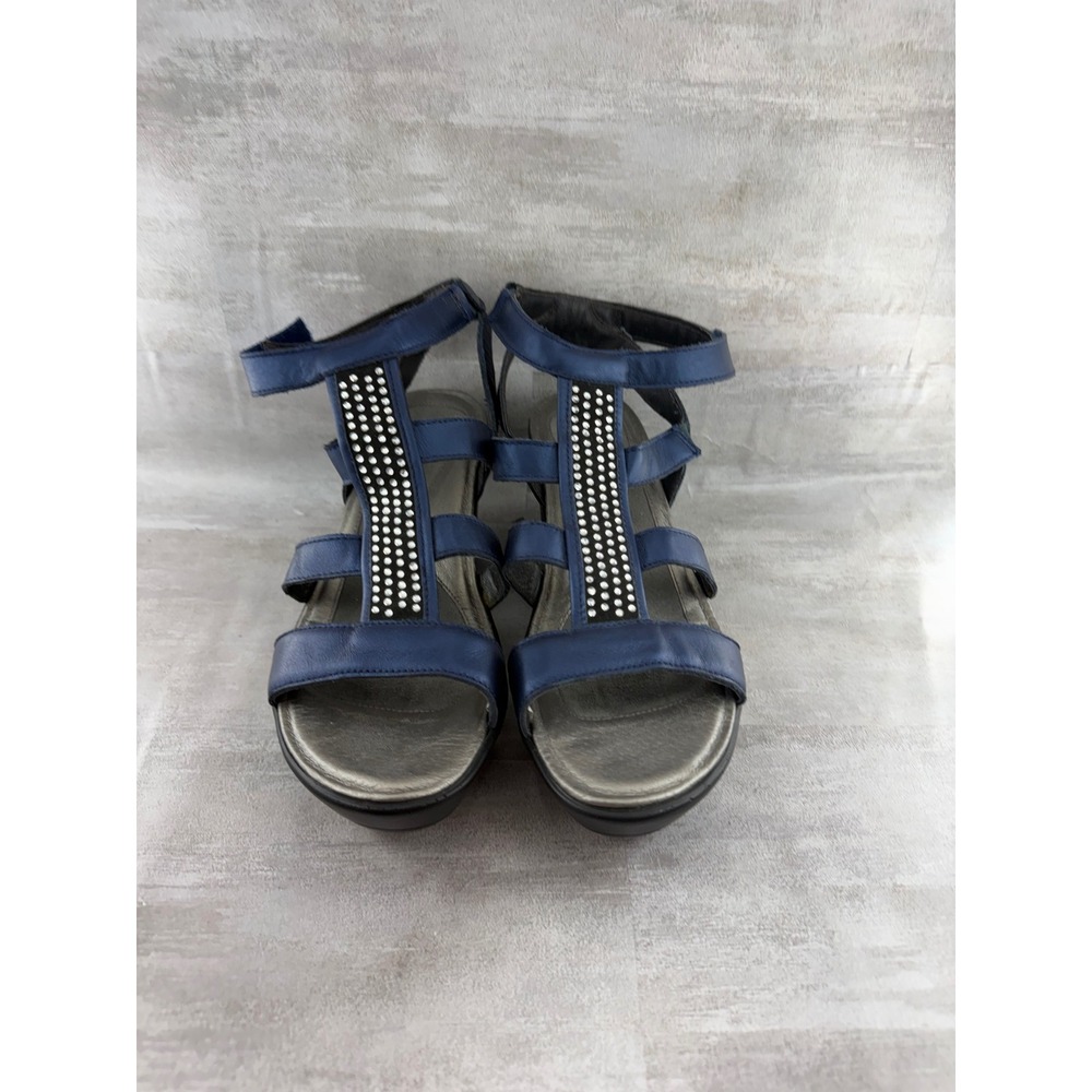 Naot Navy Leather Rhinestone T-Strap Wedge Sandals Women Size EU 40
